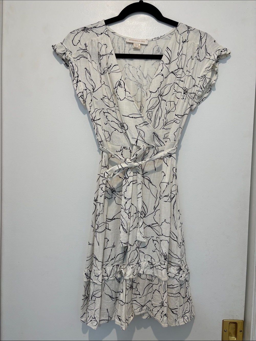 Monteau White Midi Wrap Dress with Black Floral Sketch